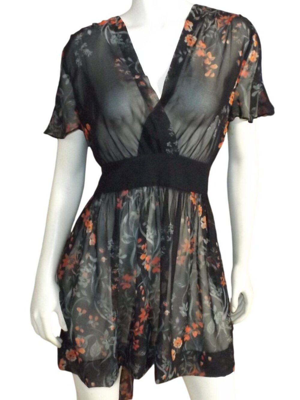 REISS Mini Dress, 8, Sheer/Needs slip, Black/Red floral, Attached tie, V-neck